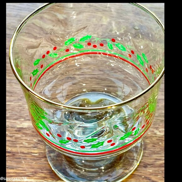 🆕VTG▪️LIBBEY▪️ARBY'S Set of 8 Holly & Berry Gold Trim Stemmed Dessert Glasses - Picture 4 of 6